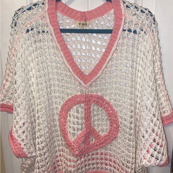 NWOT POL Open Crochet Oversized Peace Sign Sweater in white and pink L - Picture 10 of 12